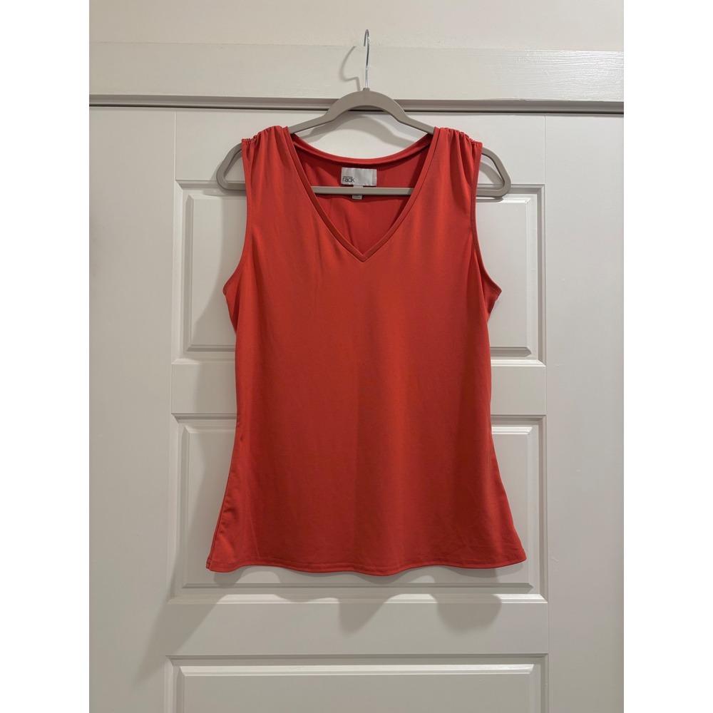 Nordstrom Rack Womens V-Neck Sleeveless Top Coral Orange Gathered Shoulder Large